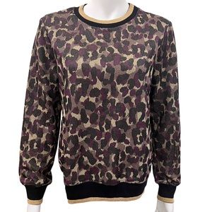 Trina Turk Purple and Gold Metallic Leopard Print Crewneck Sweater | Size Small
